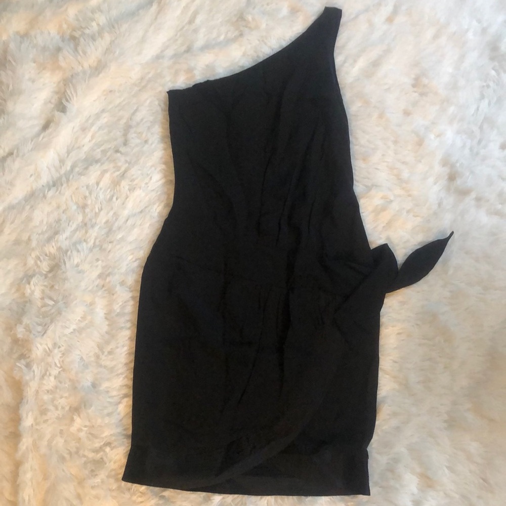 Reiss black silk one shoulder overlay skirt dress